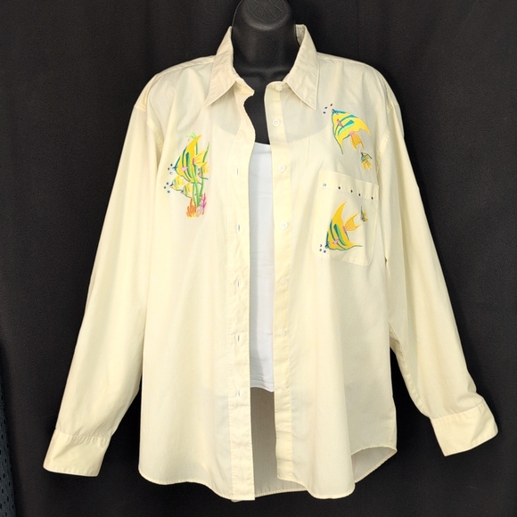 Las by Olas Tops - White and Butter Yellow Pinstriped Button-Up Shirt with Fish Embroidery